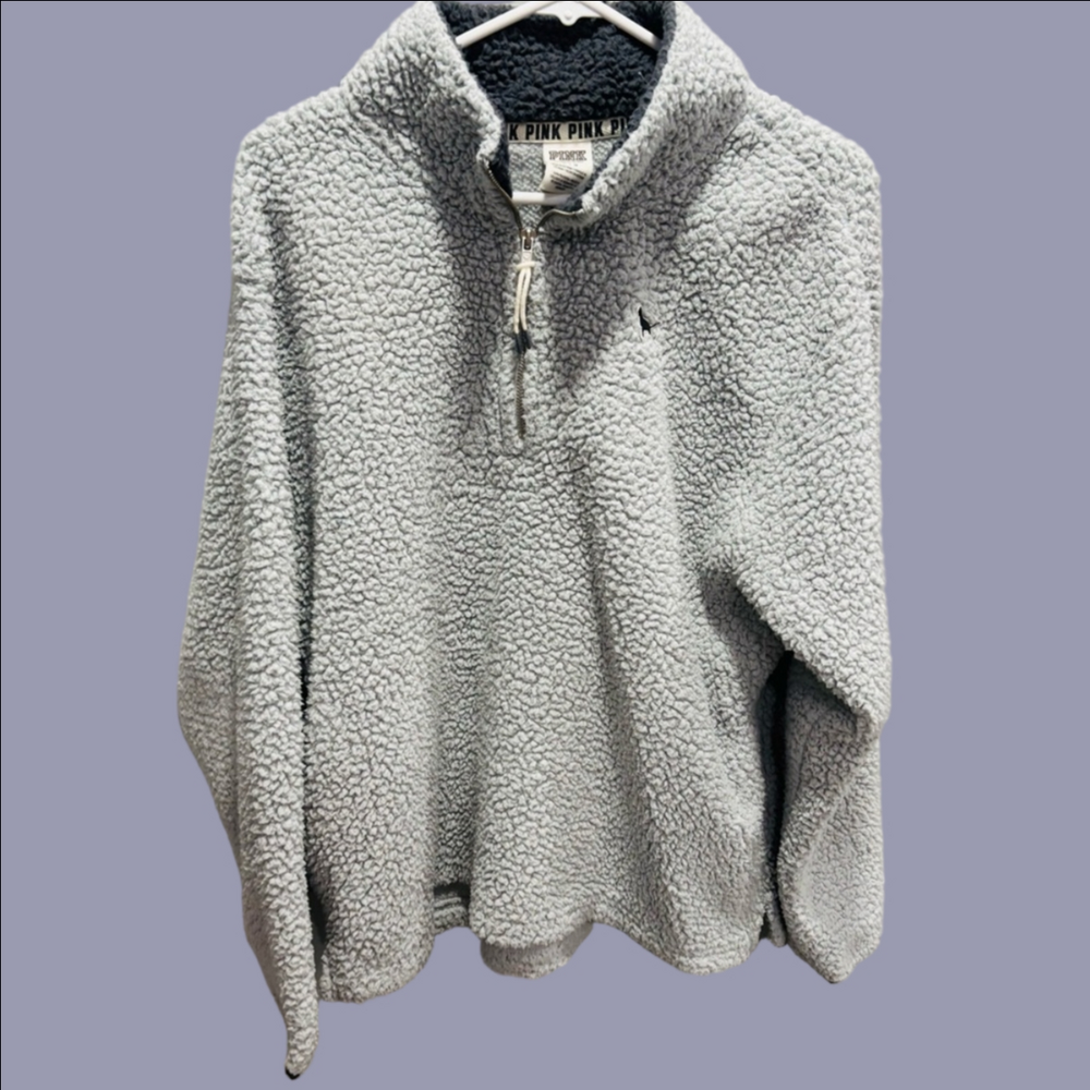 PINK Victoria’s Secret Gray Sherpa 1/4 Zip Pullover Sweater - Women’s Large